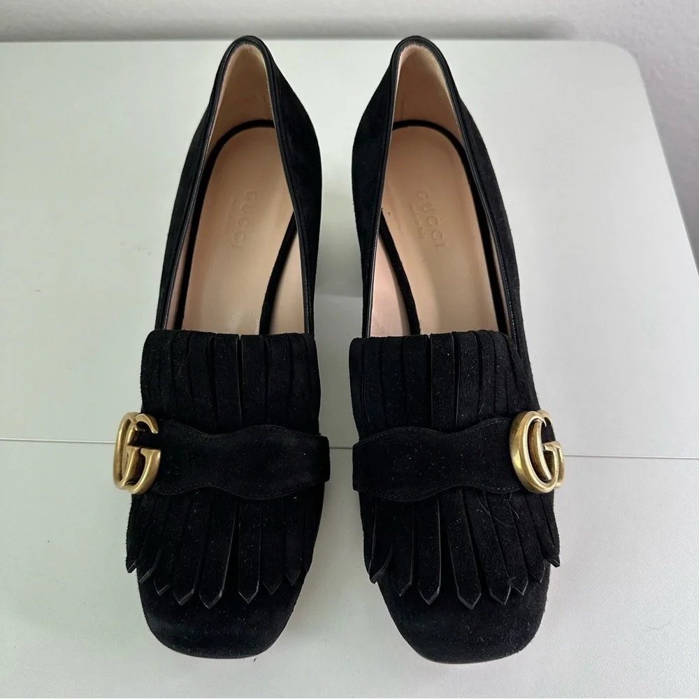 Gucci GG Marmont Pumps Black Suede Kid Scamosciato Block Heel Logo Loafers 36.5 - Picture 9 of 9